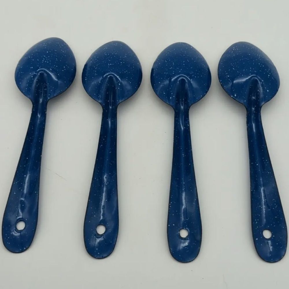 Vintage White And Blue Speckled Enamelware Spoons Four Piece